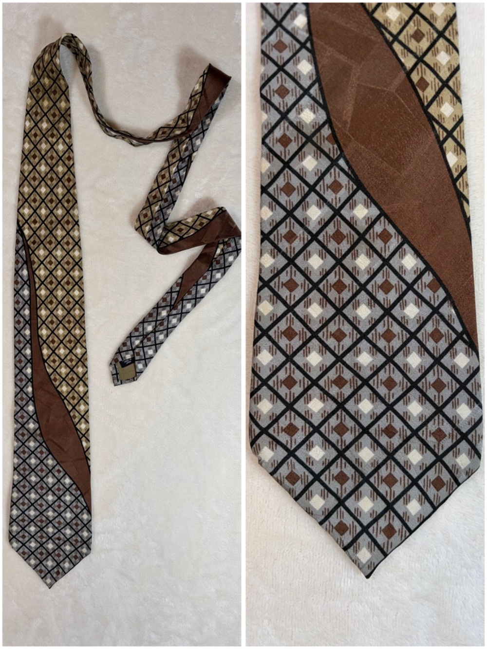 Vintage Format Men's Geometric Brown Beige Gray Black Silk Woven Classic Tie